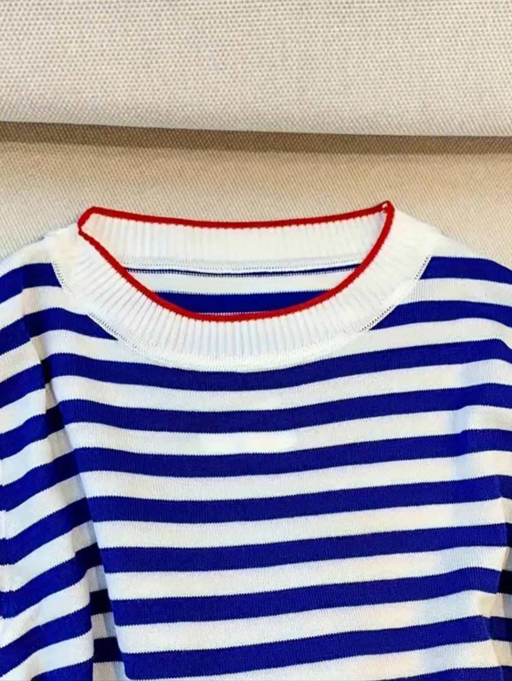 Blue and White Striped Crewneck Sweater with Red Trim - Picture 3 of 5